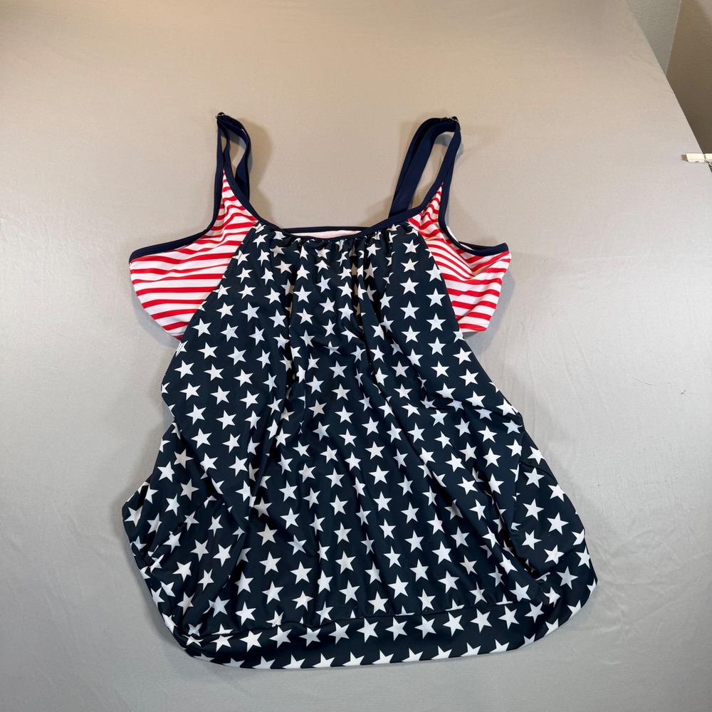 Americana Stars and Stripes Blouson Tankini Swim Top Patriotic Navy Red White